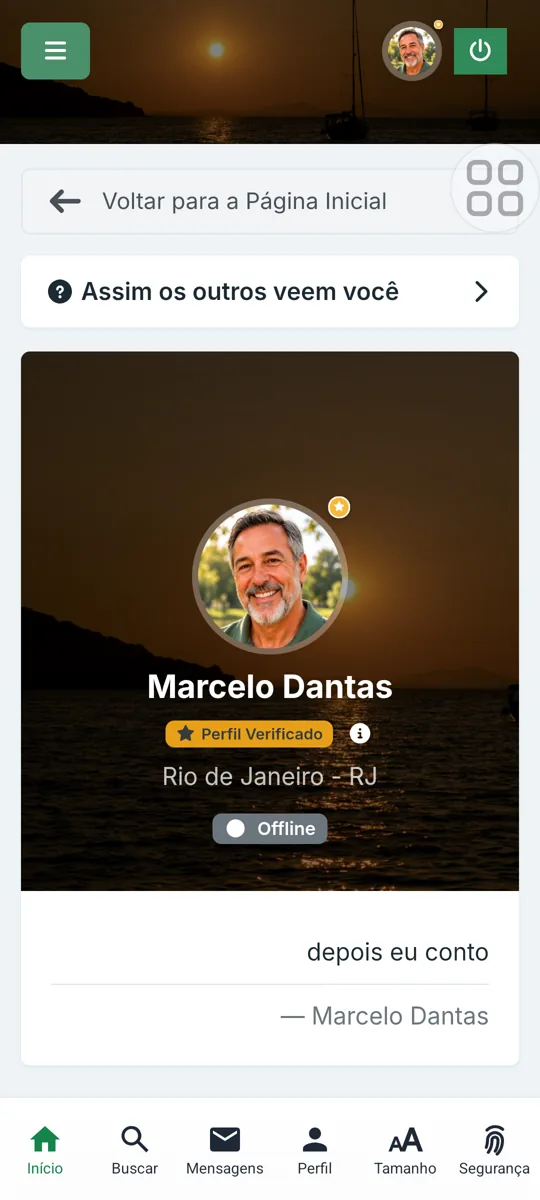 Perfil de demonstração de Marcelo Dantas, com foto e apresentação