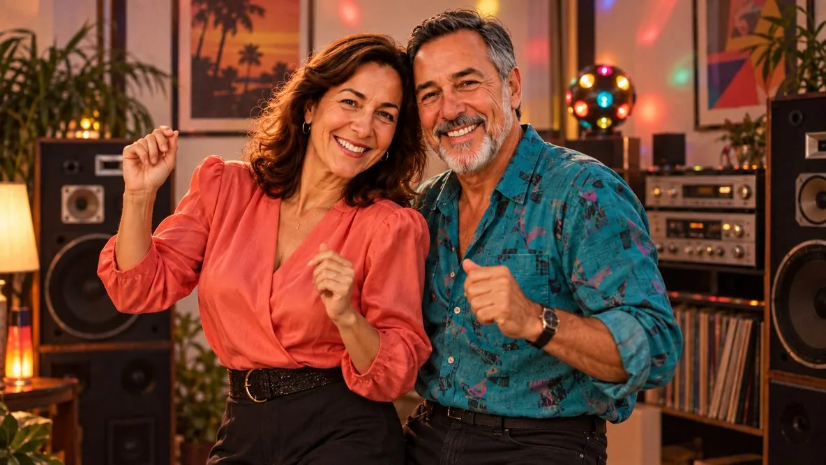 Casal em uma festa inspirada nos anos 80