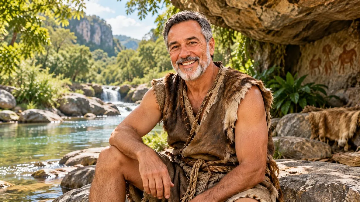 Homem em um cenário inspirado na Idade da Pedra